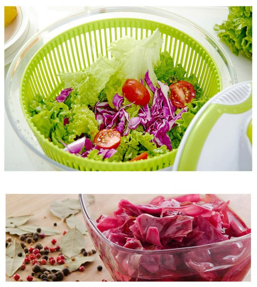 "Multifunktionell grönsaksspinnare, BPA-fri, 5L kapacitet, elegant design, i plast, perfekt för sallad och köksanvändning."