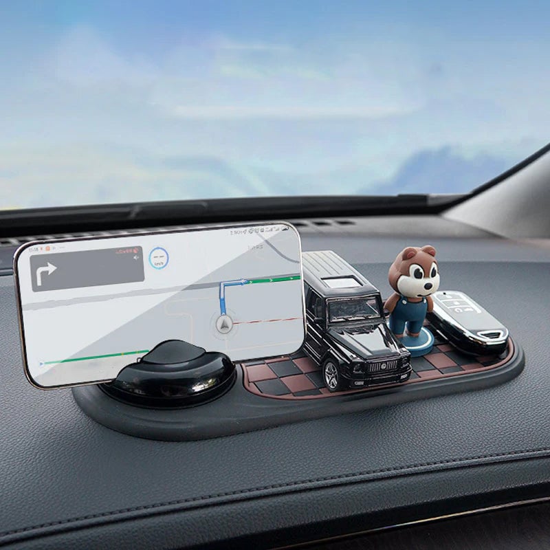 "Multifunktionell halkfri bilmatta med mobilhållare, stilren grå design, perfekt för ordning och säkerhet i bilen."