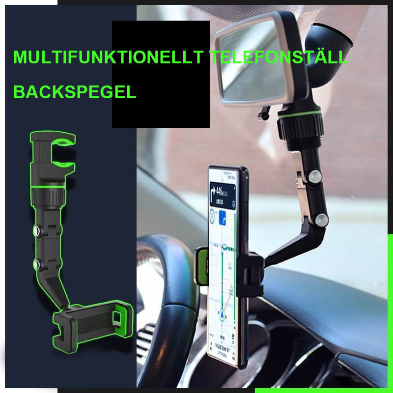 Multifunktionell justerbar telefonhållare för bil, monterad på backspegel, grå färg, smartphone säker och stabil.