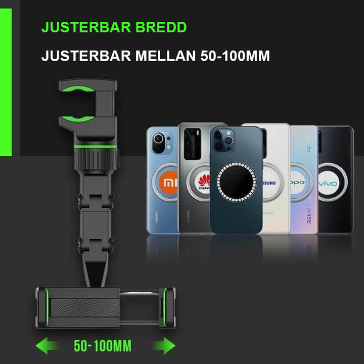 Multifunktionell justerbar telefonhållare för bil, monterad på backspegel, grå färg, smartphone säker och stabil.