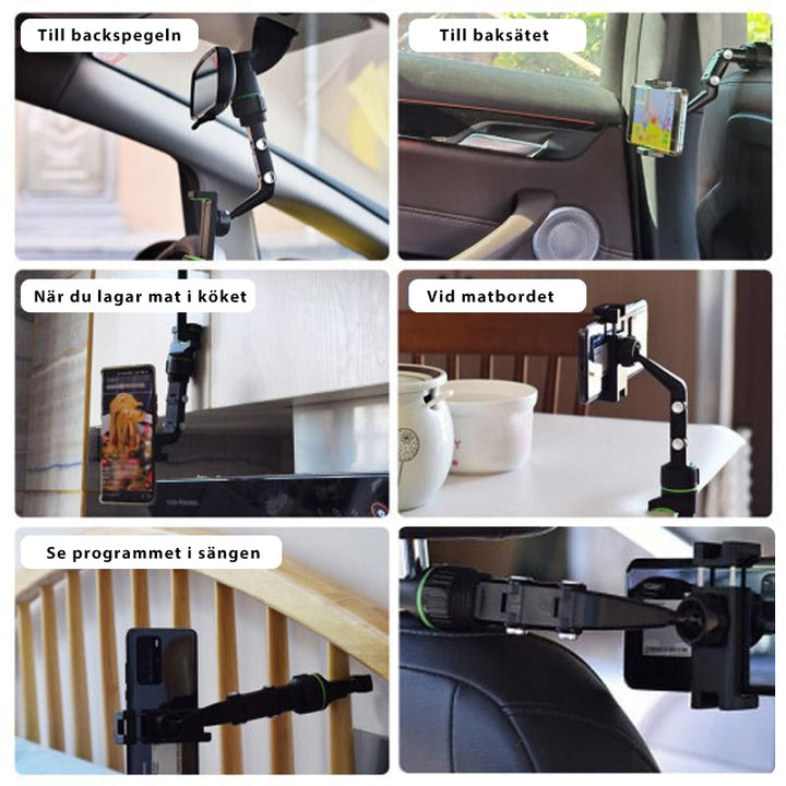 Multifunktionell justerbar telefonhållare för bil, monterad på backspegel, grå färg, smartphone säker och stabil.