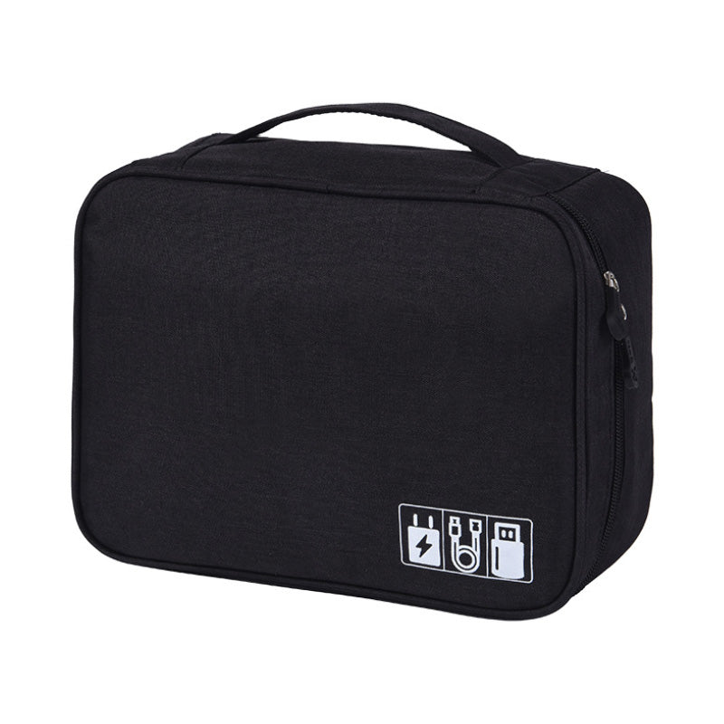 "Multifunktionell kabelförvaringspåse i vattentätt tyg med nätfickor, elastiska öglor för kablar och tillbehör."