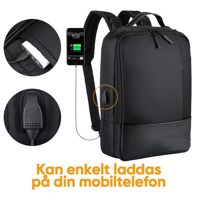 "Multifunktionell laptopryggsäck för män med USB och stöldskydd, stilren och säker i vattenavvisande polyester."