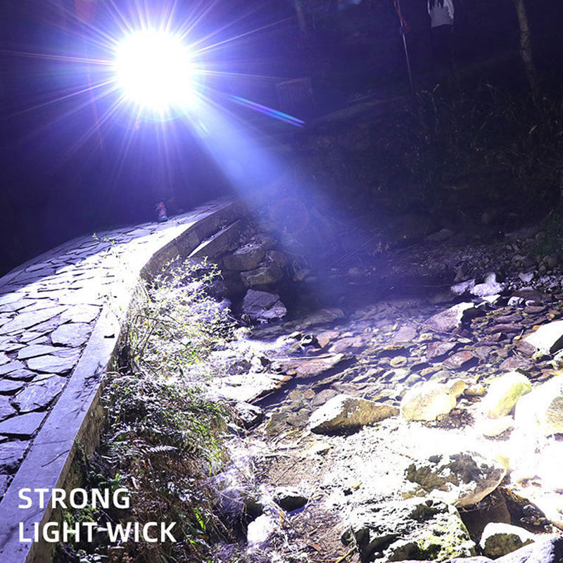 "Multifunktionell LED-ficklampa med starkt ljus, svart design, lyser i mörker. Perfekt för utomhusbruk och nödsituationer."