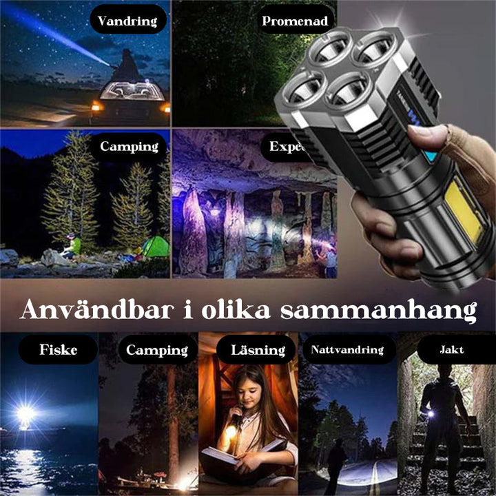 "Multifunktionell LED-ficklampa med starkt ljus, svart design, lyser i mörker. Perfekt för utomhusbruk och nödsituationer."