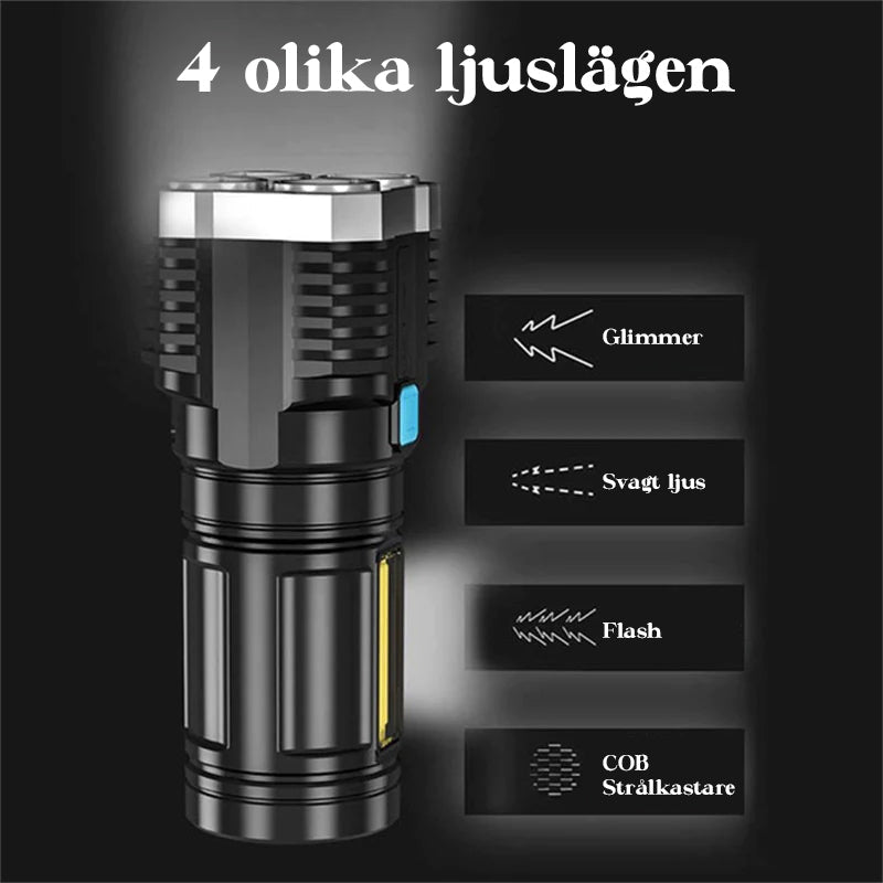 "Multifunktionell LED-ficklampa med starkt ljus, svart design, lyser i mörker. Perfekt för utomhusbruk och nödsituationer."
