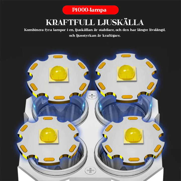 "Multifunktionell LED-ficklampa med starkt ljus, svart design, lyser i mörker. Perfekt för utomhusbruk och nödsituationer."