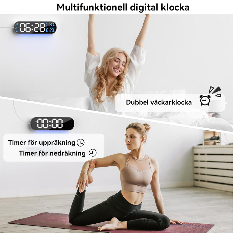 "Multifunktionell LED-väggklocka med RGB-ljus, visar 13,7-tums tydlig display, justerbara färger för alla heminredningar."