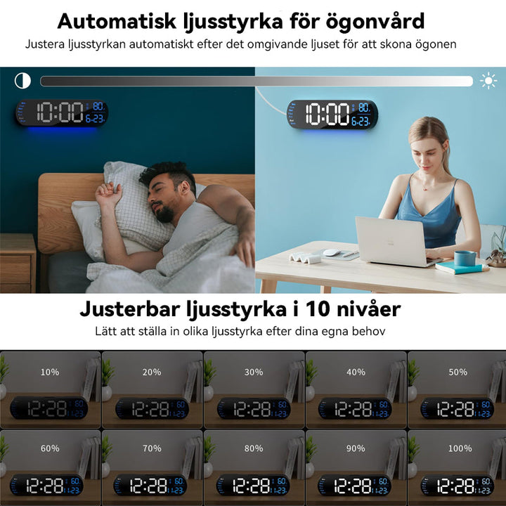 "Multifunktionell LED-väggklocka med RGB-ljus, visar 13,7-tums tydlig display, justerbara färger för alla heminredningar."