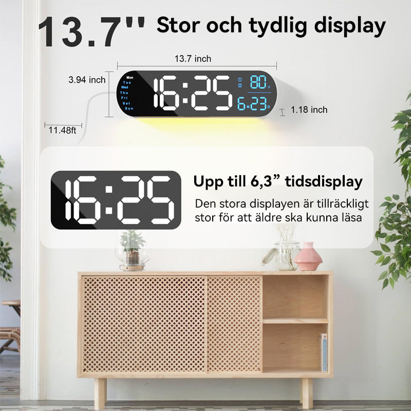 "Multifunktionell LED-väggklocka med RGB-ljus, visar 13,7-tums tydlig display, justerbara färger för alla heminredningar."