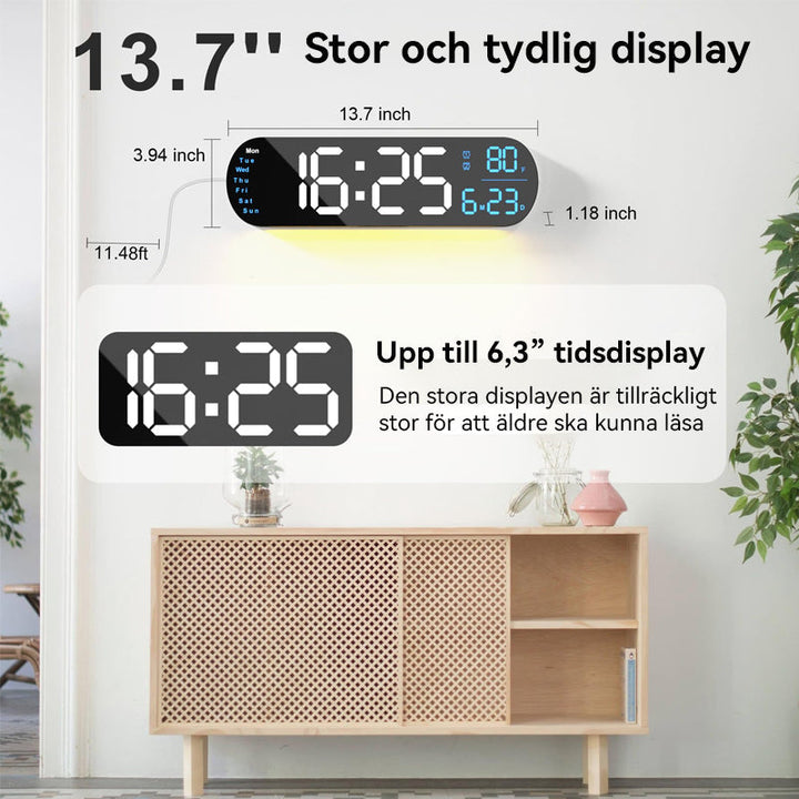 "Multifunktionell LED-väggklocka med RGB-ljus, visar 13,7-tums tydlig display, justerbara färger för alla heminredningar."