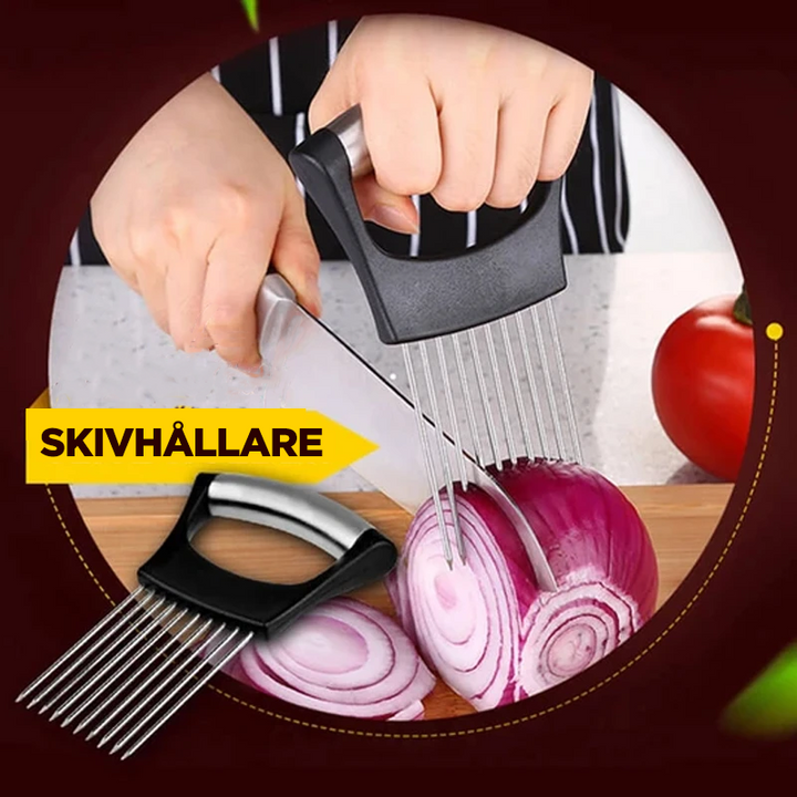 "Multifunktionell lökgaffel i rostfritt stål med 10 spetsar och halkfritt handtag, perfekt för grönsaks- och köttskivning."