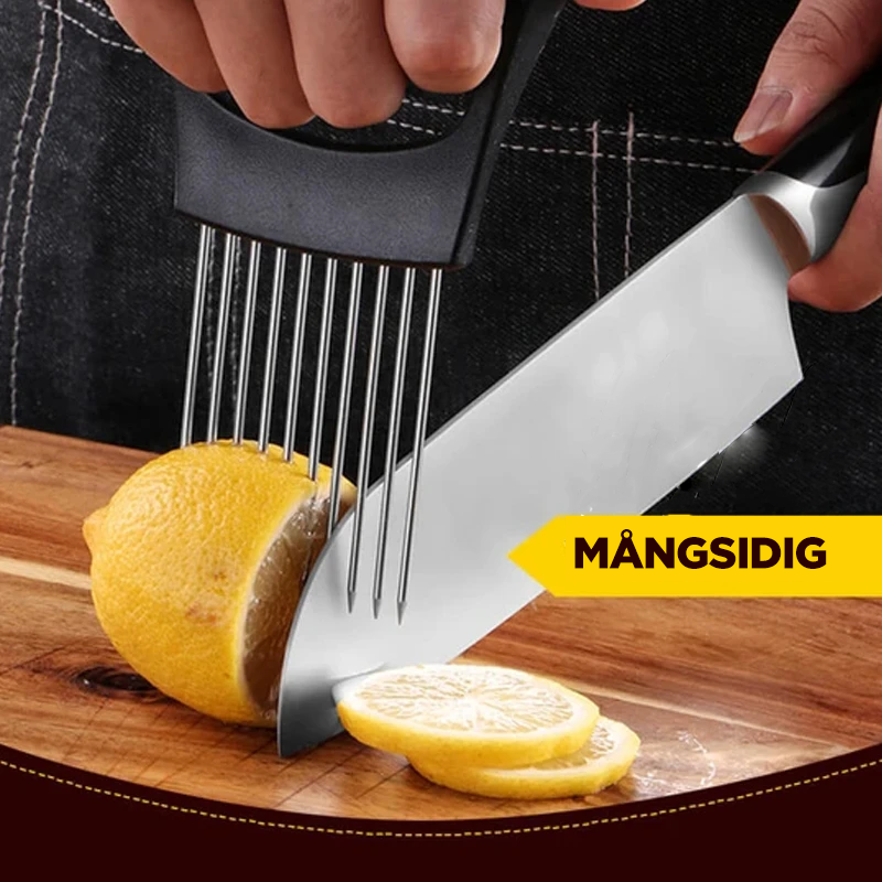"Multifunktionell lökgaffel i rostfritt stål med 10 spetsar och halkfritt handtag, perfekt för grönsaks- och köttskivning."