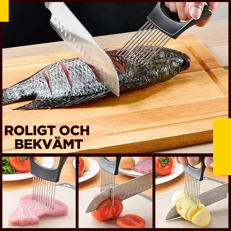 "Multifunktionell lökgaffel i rostfritt stål med 10 spetsar och halkfritt handtag, perfekt för grönsaks- och köttskivning."