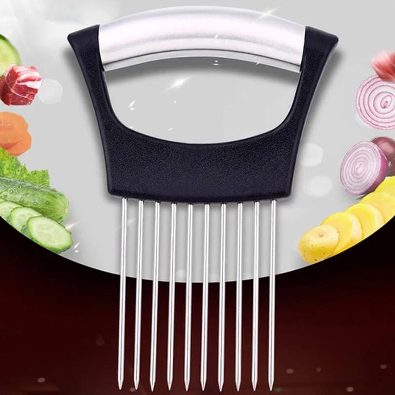 "Multifunktionell lökgaffel i rostfritt stål med 10 spetsar och halkfritt handtag, perfekt för grönsaks- och köttskivning."