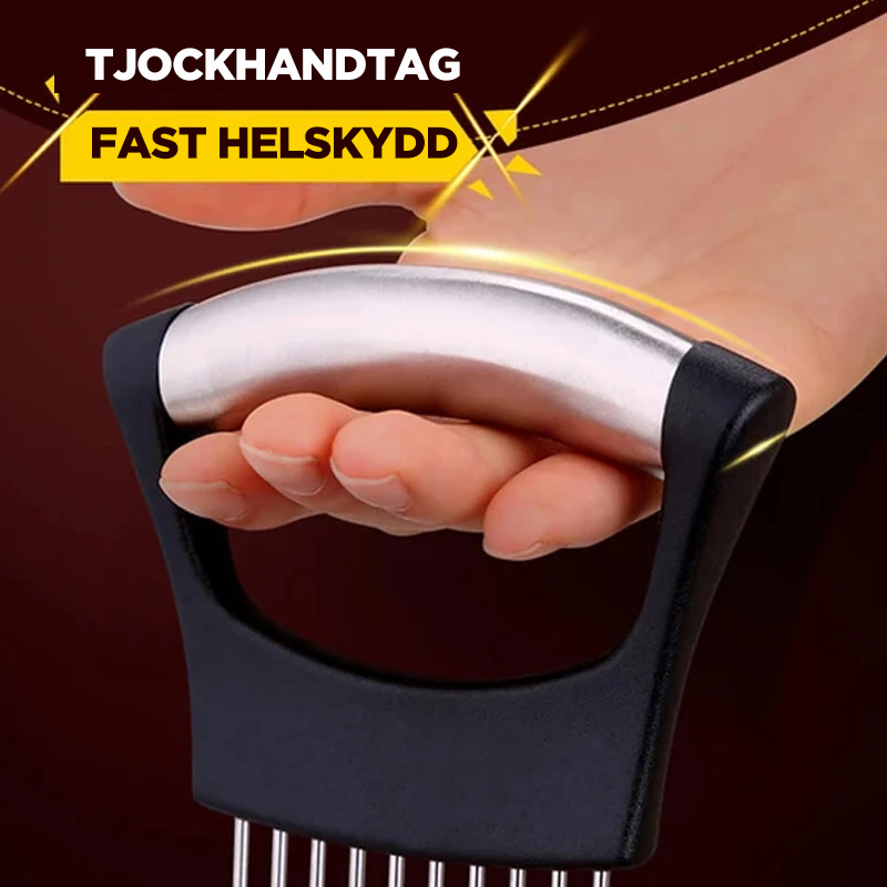 "Multifunktionell lökgaffel i rostfritt stål med 10 spetsar och halkfritt handtag, perfekt för grönsaks- och köttskivning."