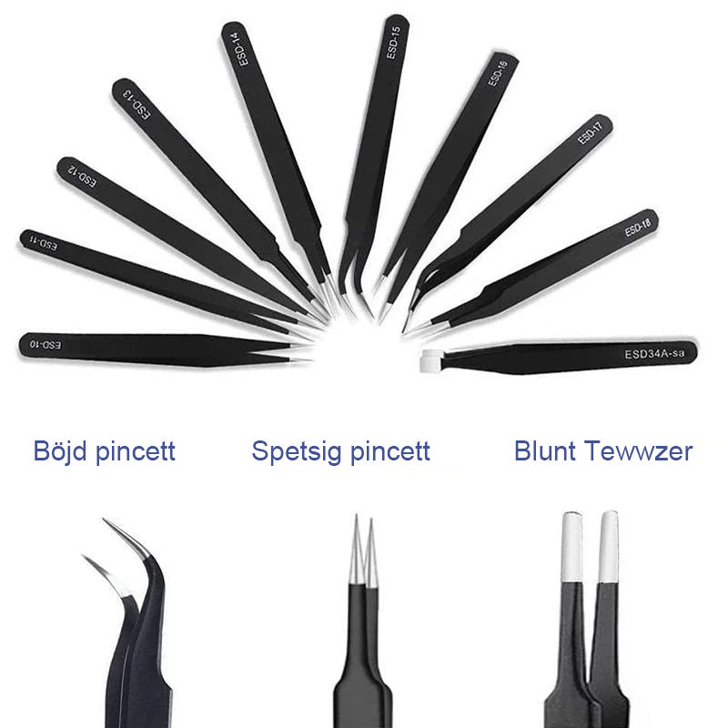 "Multifunktionell pincett i rostfritt stål, 10-pack. Antistatisk, icke-magnetisk, eleganta för smink & elektronik."