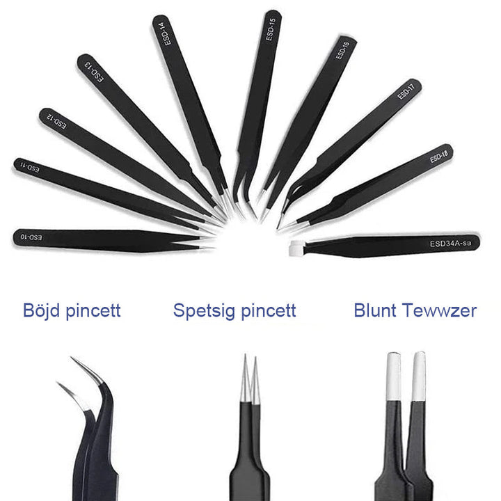 "Multifunktionell pincett i rostfritt stål, 10-pack. Antistatisk, icke-magnetisk, eleganta för smink & elektronik."