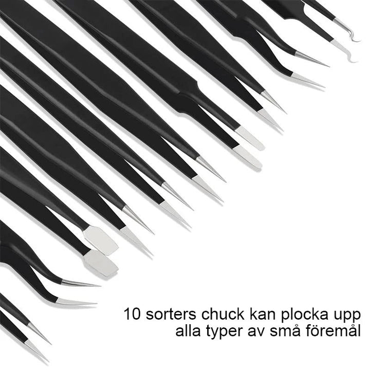 "Multifunktionell pincett i rostfritt stål, 10-pack. Antistatisk, icke-magnetisk, eleganta för smink & elektronik."