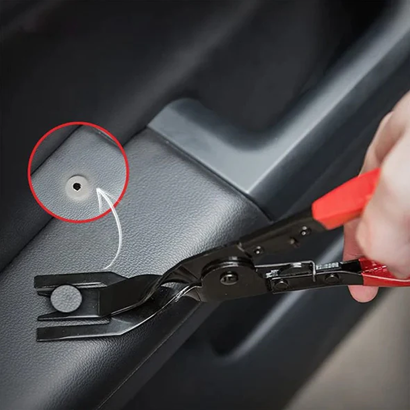 "Multifunktionell plastnitsnäpptång i legerat stål med ergonomiskt handtag, idealisk för bil- och möbelreparationer."