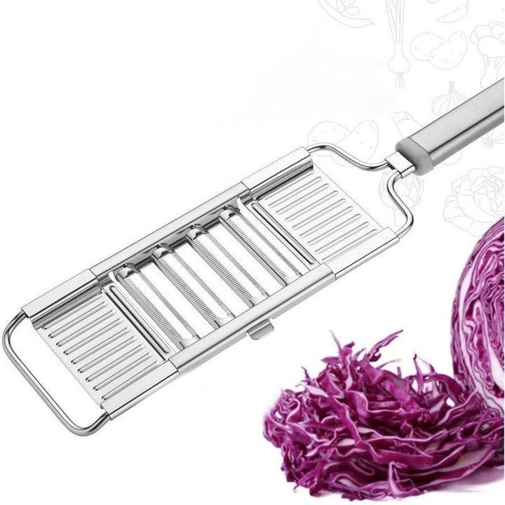 "Multifunktionell silver grönsaksskärare med 4 vassa blad för effektiv grönsaksskivning, perfekt för köksberedning."