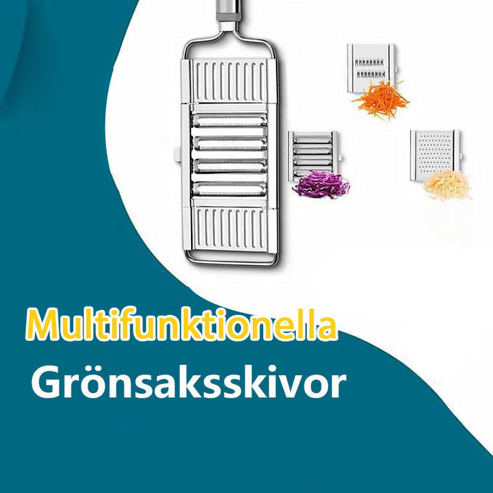 "Multifunktionell silver grönsaksskärare med 4 vassa blad för effektiv grönsaksskivning, perfekt för köksberedning."
