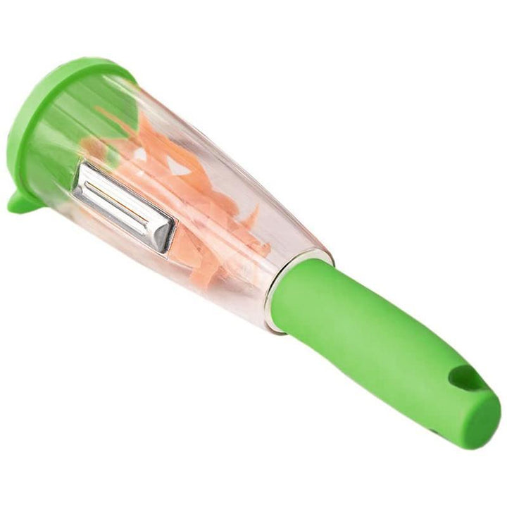 "Multifunktionell skalare i rostfritt stål, eleganta linjer och ergonomiskt handtag, perfekt för frukt och grönsaker."