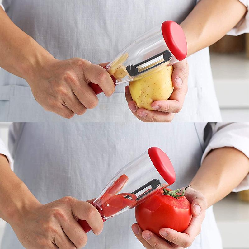 "Multifunktionell skalare i rostfritt stål, eleganta linjer och ergonomiskt handtag, perfekt för frukt och grönsaker."