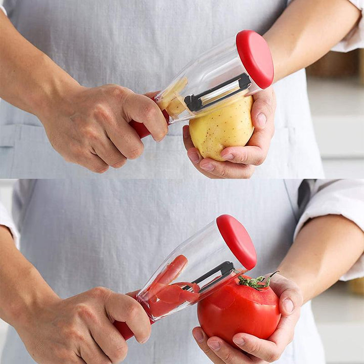 "Multifunktionell skalare i rostfritt stål, eleganta linjer och ergonomiskt handtag, perfekt för frukt och grönsaker."