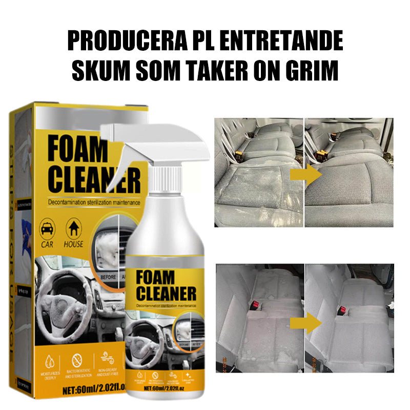 "Multifunktionell skumrengöring för bil och hem, remover fett och smuts på olika ytor, vit flaska med blå etikett."