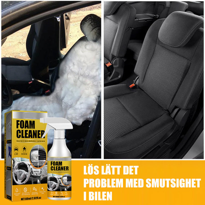 "Multifunktionell skumrengöring för bil och hem, remover fett och smuts på olika ytor, vit flaska med blå etikett."