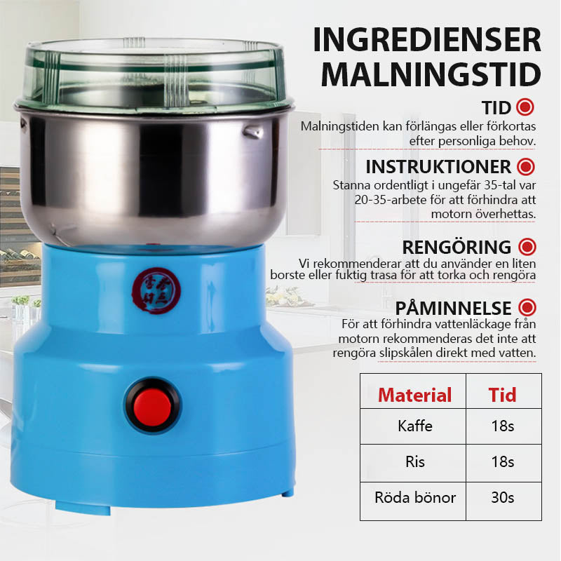 "Multifunktionell slipmaskin i rostfritt stål med stilren design, enkel rengöring och intuitiva knappar för köksbruk."