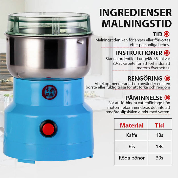 "Multifunktionell slipmaskin i rostfritt stål med stilren design, enkel rengöring och intuitiva knappar för köksbruk."