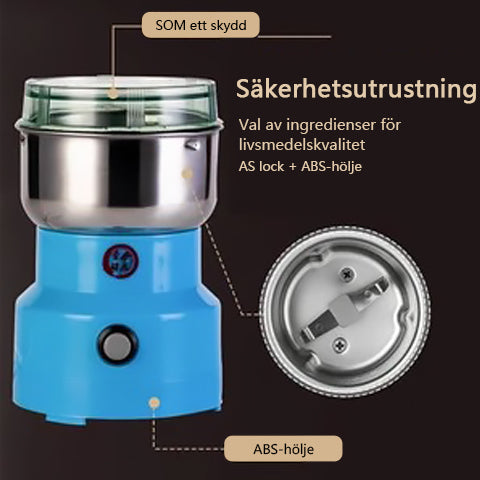 "Multifunktionell slipmaskin i rostfritt stål med stilren design, enkel rengöring och intuitiva knappar för köksbruk."