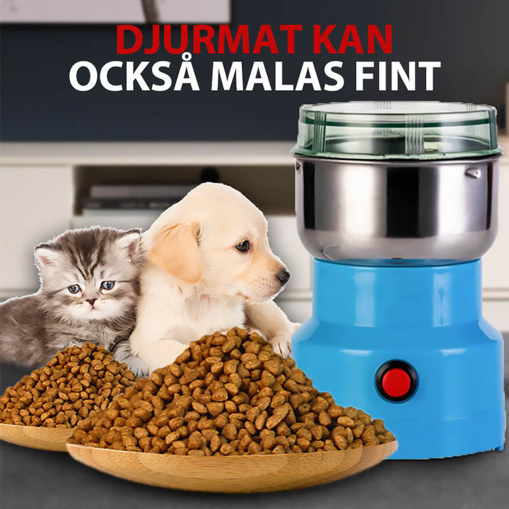 "Multifunktionell slipmaskin i rostfritt stål med stilren design, enkel rengöring och intuitiva knappar för köksbruk."