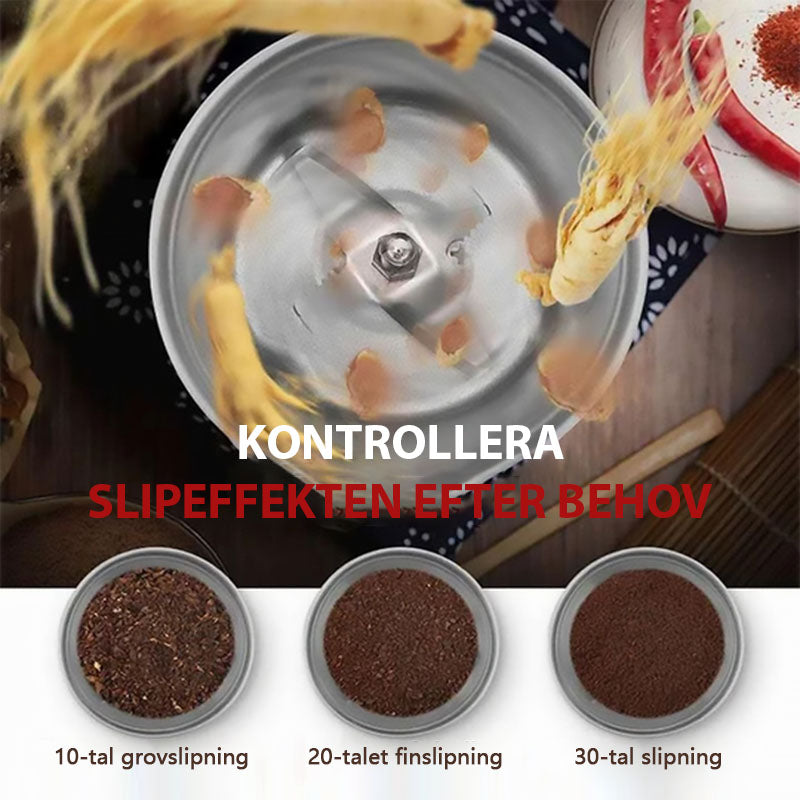 "Multifunktionell slipmaskin i rostfritt stål med stilren design, enkel rengöring och intuitiva knappar för köksbruk."