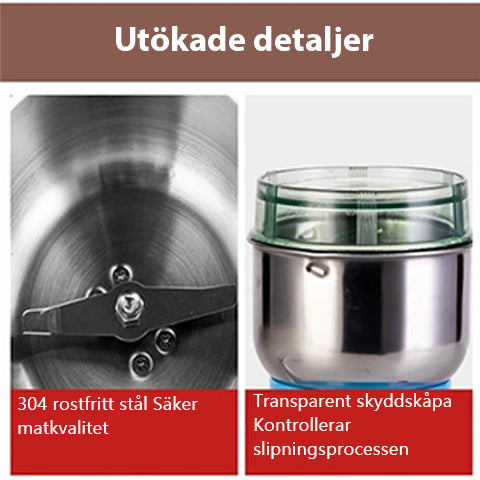 "Multifunktionell slipmaskin i rostfritt stål med stilren design, enkel rengöring och intuitiva knappar för köksbruk."