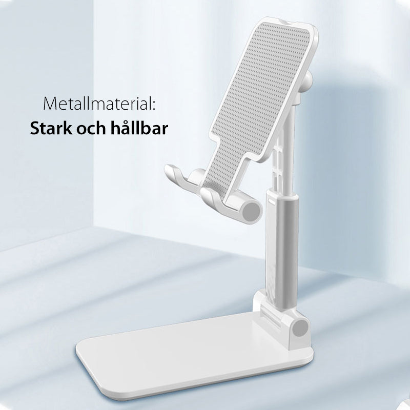 "Multifunktionell ställbar surfplattahållare i vit, svart, rosa på skrivbord. Hållbar och stilren, justerbar vinkel."