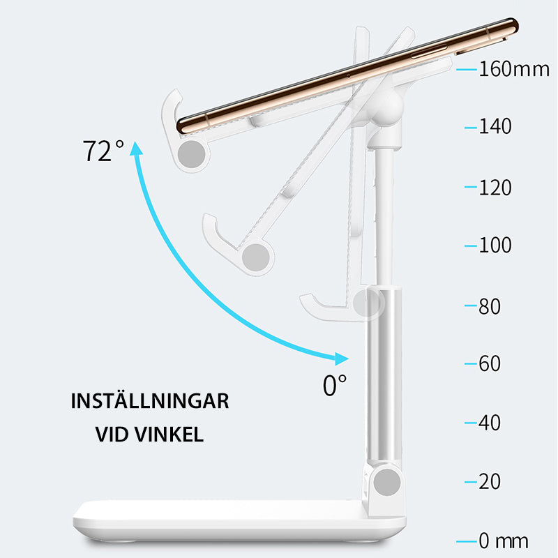 "Multifunktionell ställbar surfplattahållare i vit, svart, rosa på skrivbord. Hållbar och stilren, justerbar vinkel."