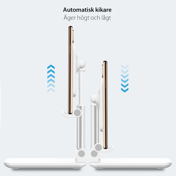 "Multifunktionell ställbar surfplattahållare i vit, svart, rosa på skrivbord. Hållbar och stilren, justerbar vinkel."