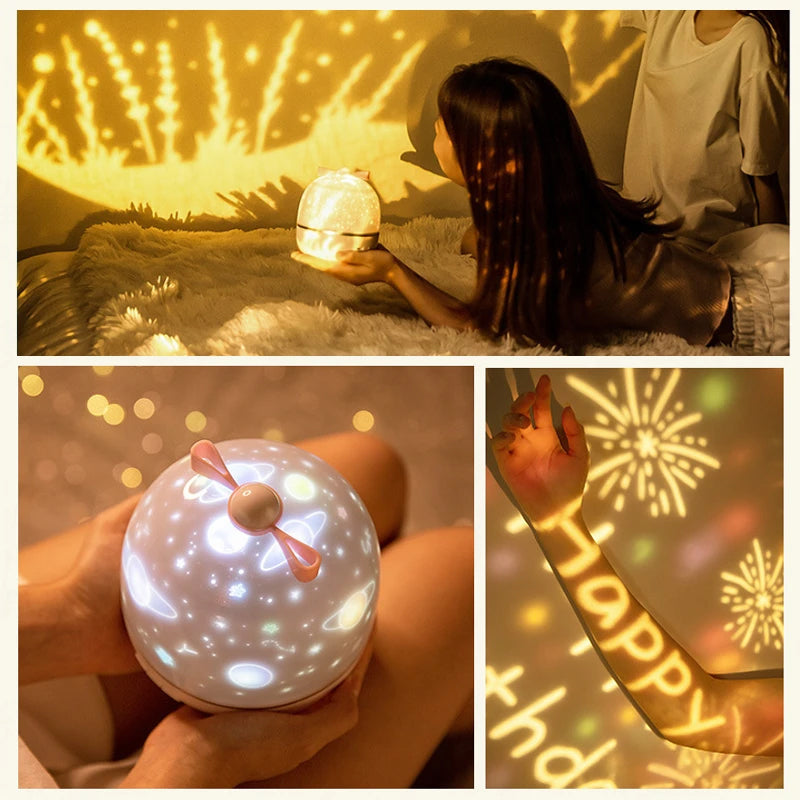 "Multifunktionell stjärnprojektor nattlampa för barn med ljuseffekter, skapar lugnande stämning med stjärnprojektionsmotiv."