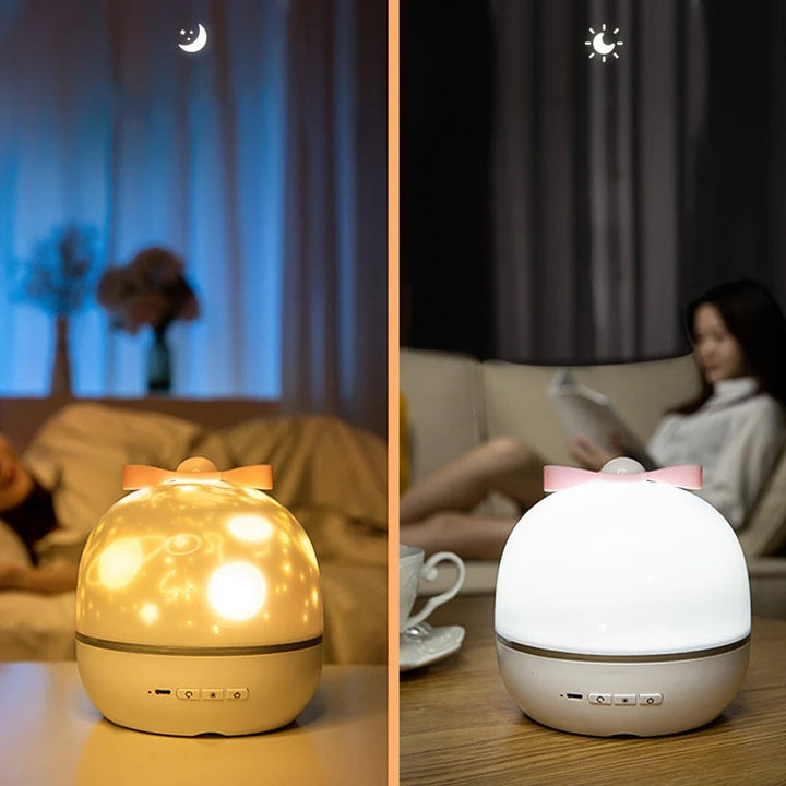 "Multifunktionell stjärnprojektor nattlampa för barn med ljuseffekter, skapar lugnande stämning med stjärnprojektionsmotiv."