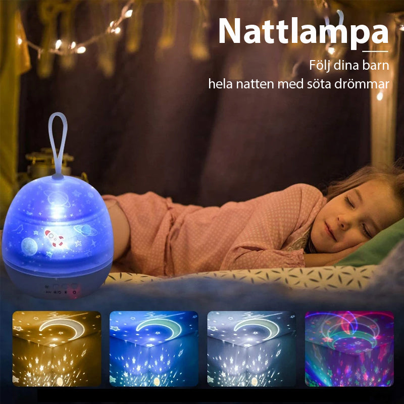 "Multifunktionell stjärnprojektor nattlampa för barn med ljuseffekter, skapar lugnande stämning med stjärnprojektionsmotiv."