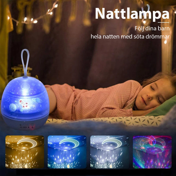 "Multifunktionell stjärnprojektor nattlampa för barn med ljuseffekter, skapar lugnande stämning med stjärnprojektionsmotiv."