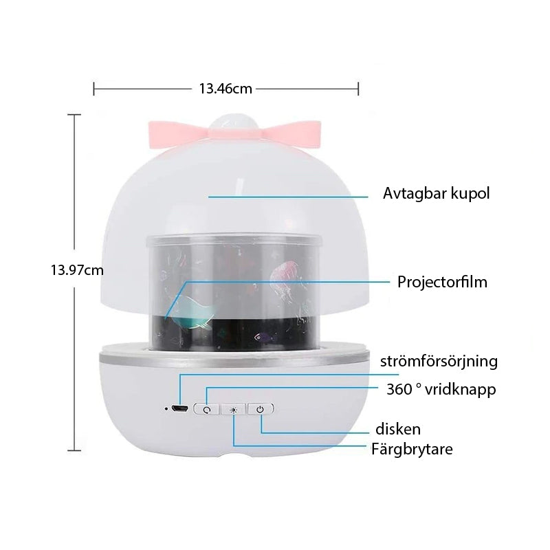 "Multifunktionell stjärnprojektor nattlampa för barn med ljuseffekter, skapar lugnande stämning med stjärnprojektionsmotiv."