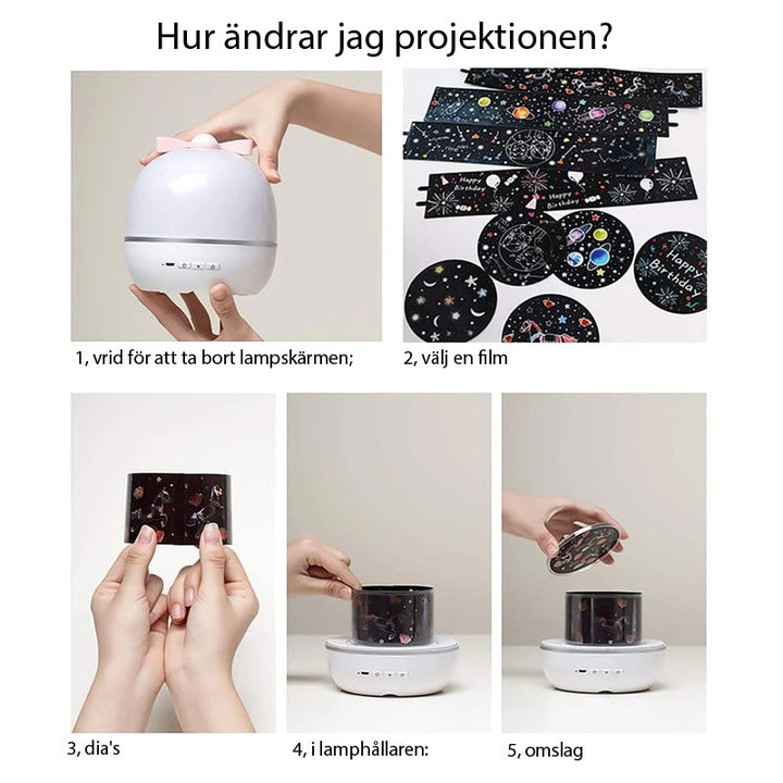 "Multifunktionell stjärnprojektor nattlampa för barn med ljuseffekter, skapar lugnande stämning med stjärnprojektionsmotiv."