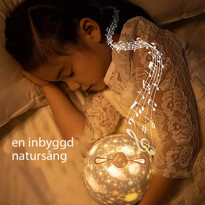 "Multifunktionell stjärnprojektor nattlampa för barn med ljuseffekter, skapar lugnande stämning med stjärnprojektionsmotiv."