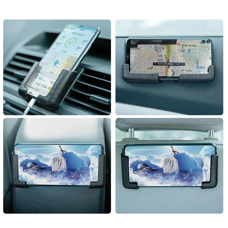 "Multifunktionell telefonfäste i lädertextur, stark adhesive, säker hållning, lämplig för bil, skrivbord, hemmabruk."