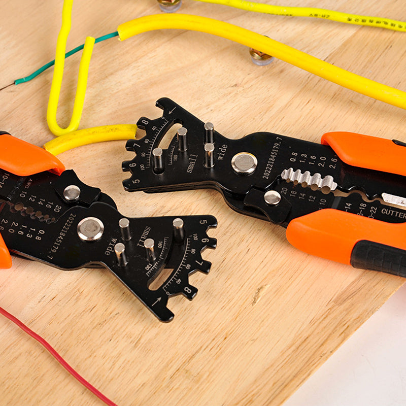 "Multifunktionell trådavisoleringstång med orange ergonomiskt handtag, idealisk för elektrikerarbeten och DIY-projekt."