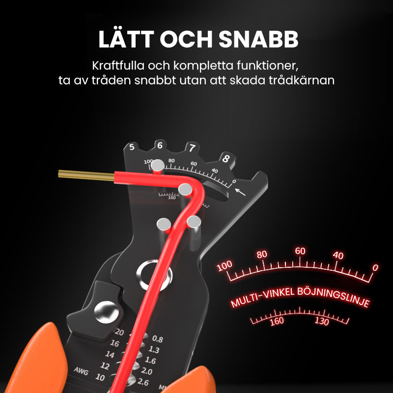 "Multifunktionell trådavisoleringstång med orange ergonomiskt handtag, idealisk för elektrikerarbeten och DIY-projekt."
